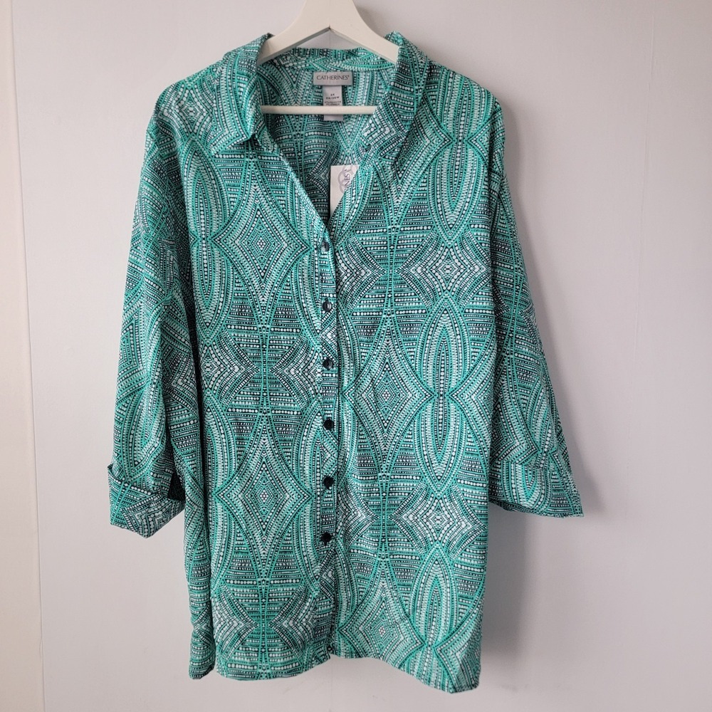 catherines women's geometric roll tab sleeve tunic top size 2X button up work